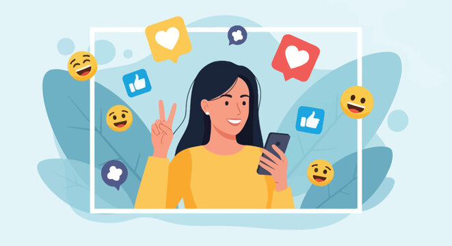 Woman using smartphone to post social media content with floating heart emojis and likes and comments for engagement digital communication concept flat style.