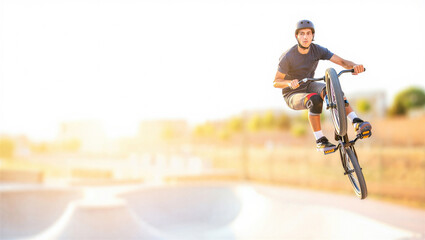 Naklejka premium A BMX rider in a helmet performs a trick in mid-air at a skatepark. The background features a blurred sunset, creating a dynamic and energetic atmosphere.