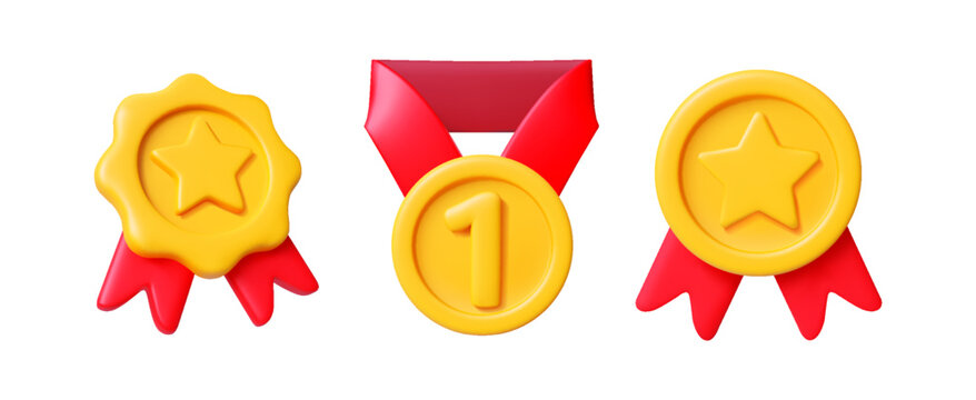 Brightly colored cartoon medals with stars and red ribbons. These awards symbolize excellence and achievement. Illustrated in a vibrant, playful style.