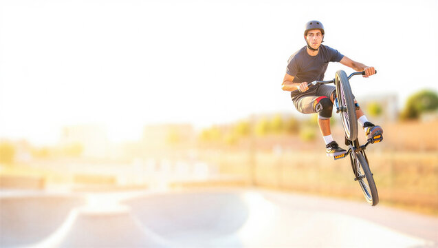 A BMX rider in a helmet performs a trick in mid-air at a skatepark. The background features a blurred sunset, creating a dynamic and energetic atmosphere.