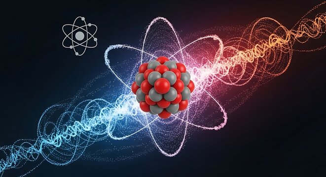 Digital artwork of atomic structure with electrons and orbital rings in vibrant energy waves