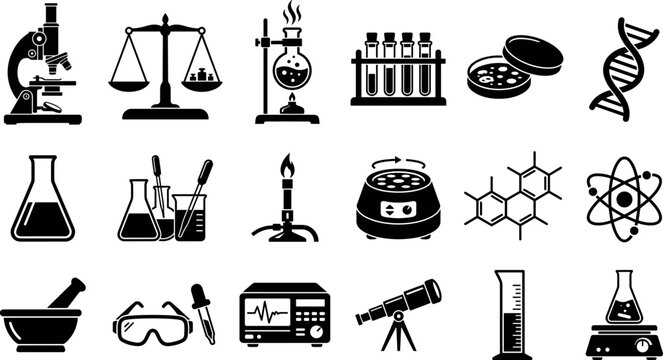 Science and chemistry laboratory equipment black icon set featuring microscope test tubes beaker dna and atom symbols isolated on whiteScience and chemistry laboratory equipment black icon set featuri
