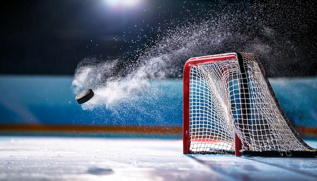action sports photo of a hockey puck flying into the goal net during a scoring shot with ice particles in the air capturing speed and intensity