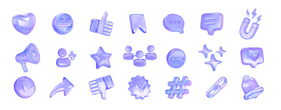 Collection of glassstyle icons with various symbols in pastel lavender hues. Ideal for digital interfaces and modern designs. The set includes heart, stars, arrows, and more.