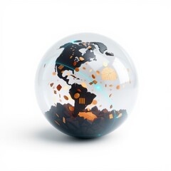 Obraz premium Globe encased within transparent sphere. Fragments float inside, representing continents, currency, foliage. Shadow suggests threedimensional form.