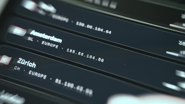 Encrypted VPN service dashboard with available European server nodes