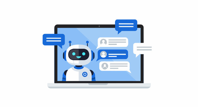 AI Chatbot Virtual Assistant on Laptop Screen for Automated Customer Support and Messaging Service Illustration