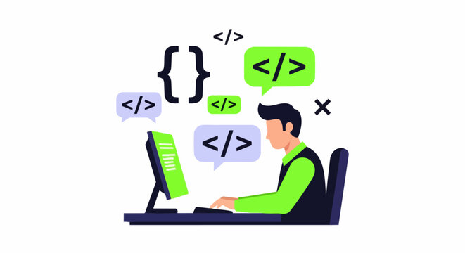 Software Developer Illustration, Programmer Coding at Computer Desk with Web Development Symbols, Modern IT Professional Work Concept Flat Vector