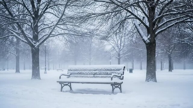 A snow-covered park bench sits empty on a snowy winter day.