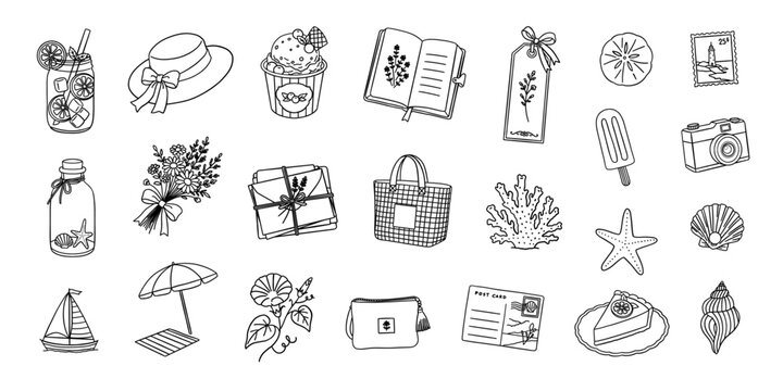 Summer Vacation Doodle Line Art Icon Set for Scrapbook Sticker Coastal Aesthetic