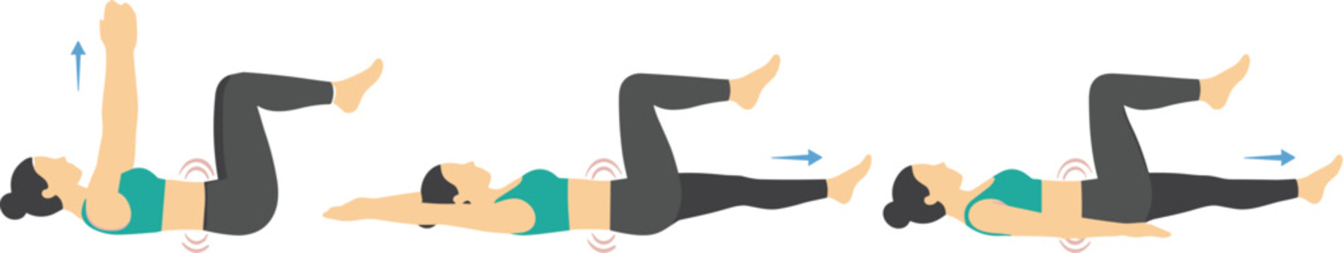 Woman performing dead bug exercise sequence for core strength training and abdominal stability workout isolated fitness vector illustration