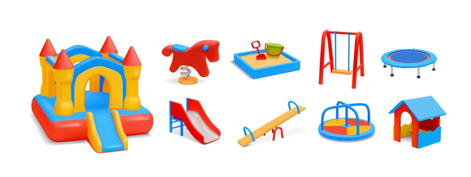 Collection of vibrant playground equipment for children in cartoon style with red, blue, yellow colors. Playful mood and fun vibes for outdoor activities.