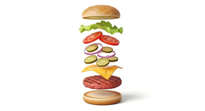Exploded view of a stacked hamburger with fresh ingredients suspended in mid air