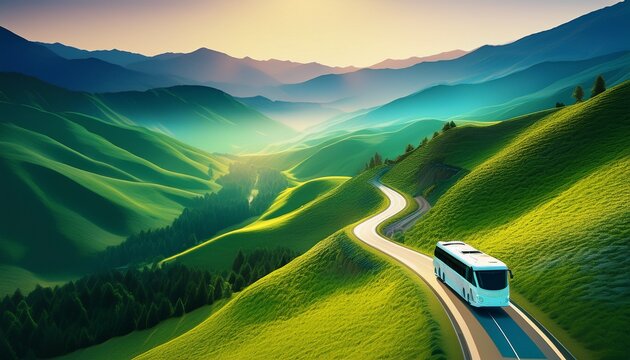 futuristic mountain road trip through misty green hills and countryside a white tourist bus drives along a winding mountain road surrounded by a scenic tetradic color scheme landscape