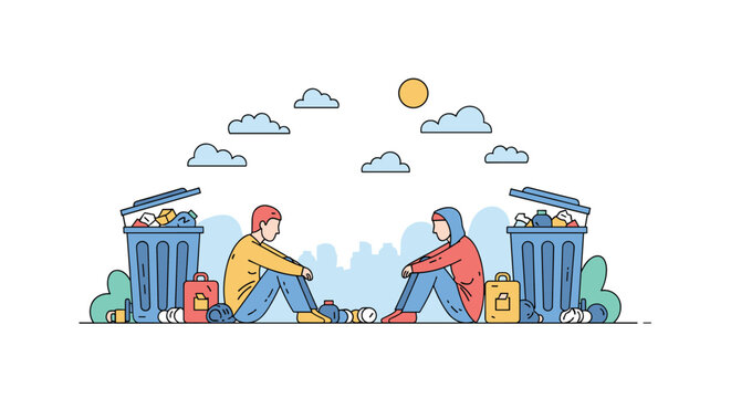 Social issue illustration depicting two homeless individuals sitting dejectedly next to overflowing trash bins against a city silhouette background.