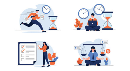 Fototapeta premium Flat illustration set showing office workers managing deadlines, multitasking with laptops, checking task lists, and maintaining work-life balance.