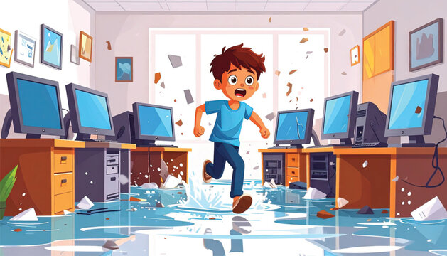 Boy Running from Flooded Office Space.