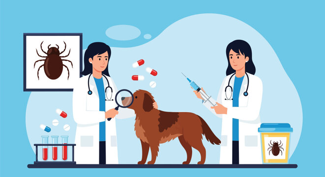 Veterinarian doctors examining sick dog in clinic with medicine capsules and laboratory blood test tubes parasites research analysis for animal health care flat.