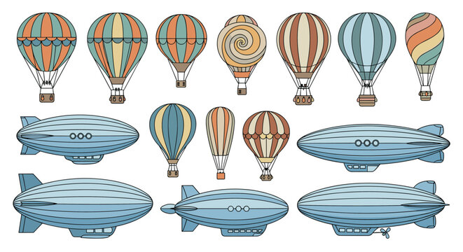 Retro collection of various colorful hot air balloons and airship zeppelins with striped and patterned designs isolated on a white background.
