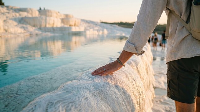 Close-up of a traveler touching white travertine terraces beside turquoise thermal pools in Pamukkale, Turkey, capturing an authentic wellness and travel experience.