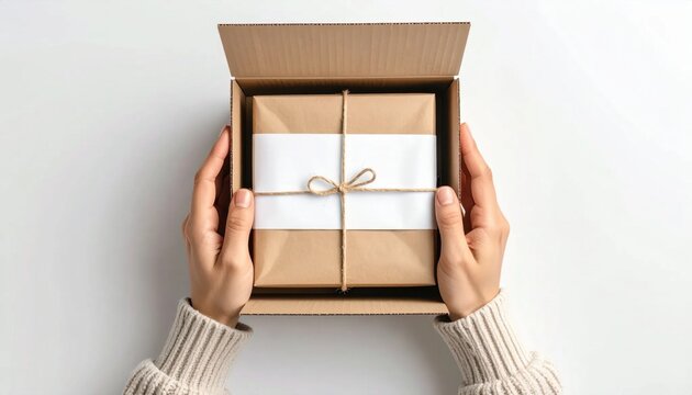 Person opening cardboard box containing a gift wrapped in kraft paper, shipping, delivery, commerce, unboxing, surprise, celebration