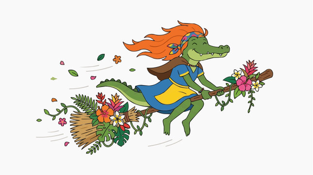 Brazilian Folklore Cuca with Orange Hair Flying on a Broom Decorated with Tropical Flowers and Leaves Isolated on White Background