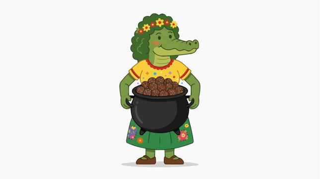 Cuca, a figure from Brazilian folklore, wearing a flower crown and holding a pot of brigadeiros (a traditional Brazilian sweet), isolated on a white background.