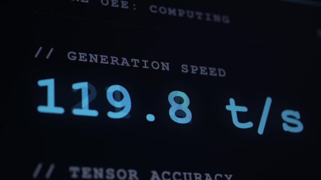 Close-up of a dark screen displaying AI generation speed metrics in tokens per second.