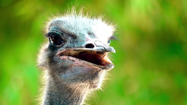 Close-up portrait of an ostrich showing detailed feathers, expressive eyes and unique facial features. Natural wildlife footage with shallow depth of field.