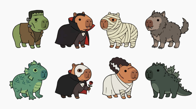 Cute Capybara Characters Dressed as Famous Monsters for Halloween Celebration