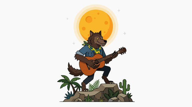 Cartoon werewolf playing guitar under a large orange moon in a desert landscape with cacti and palm trees