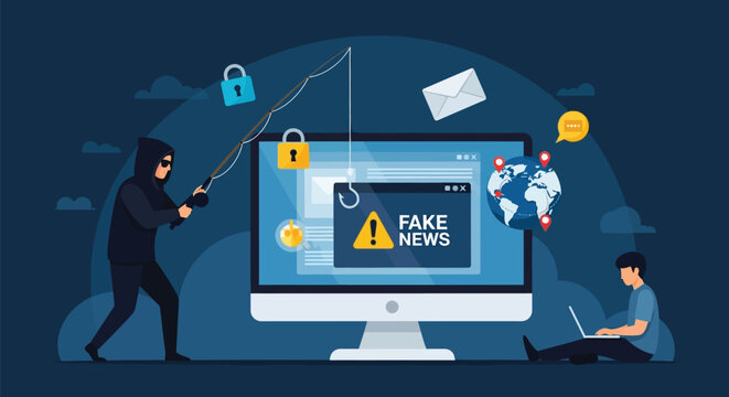Hacker phishing for personal data from computer user with fake news alert and security icons representing cybercrime and internet vulnerability concepts.