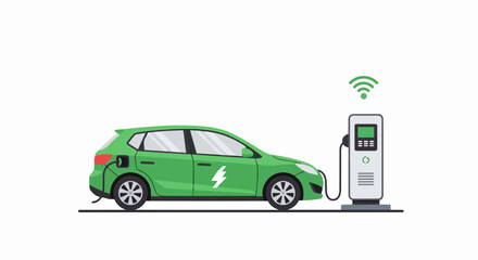 Naklejka premium Green Electric Car Charging at Smart EV Station with City Skyline Background - Flat Vector Illustration for Sustainable Transportation and Eco-Friendly Energy