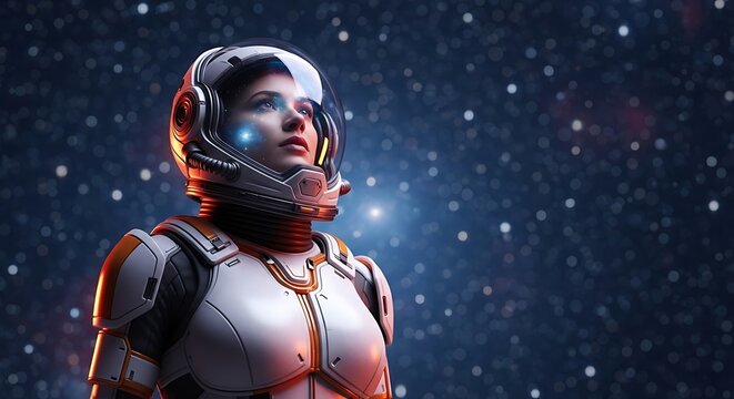 Female astronaut in spacesuit looking up at starry space sky
