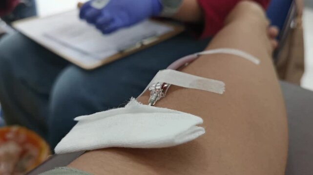 Close-up video of a hand undergoing blood donation. Patient hand with inserted needle into vein with tube in hospital. Healthy man undergoes medical procedure donating blood lying in bed