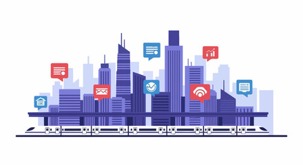 Fototapeta premium Smart City Digital Connectivity Network Illustration with High-Speed Train and Modern Urban Skyline