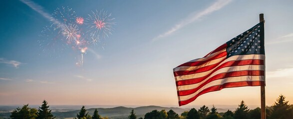 Obraz premium American flag waves during 4th of July celebrations at sunset