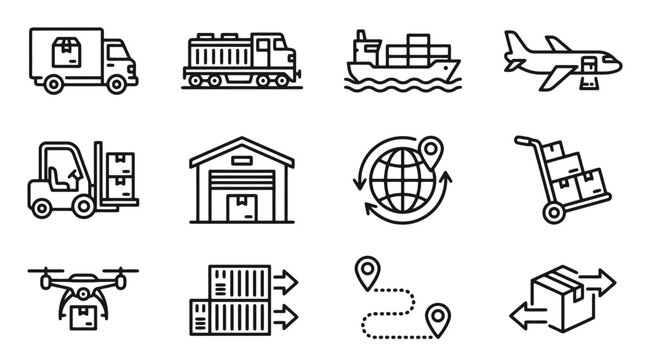 Premium collection of sleek black vehicle icons for transportation logistics delivery fleet management and urban mobility design elements with modern flat style graphics