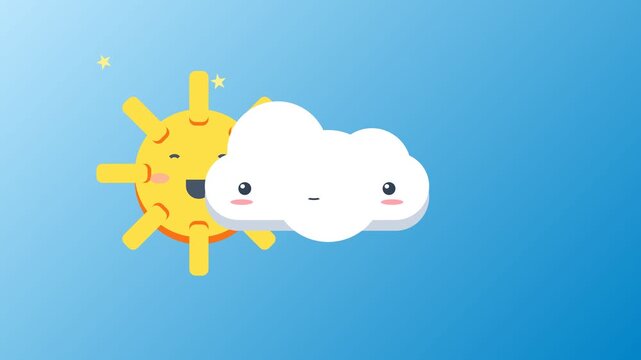 Cute Animated Sun and Cloud Character Interaction on Blue Background.