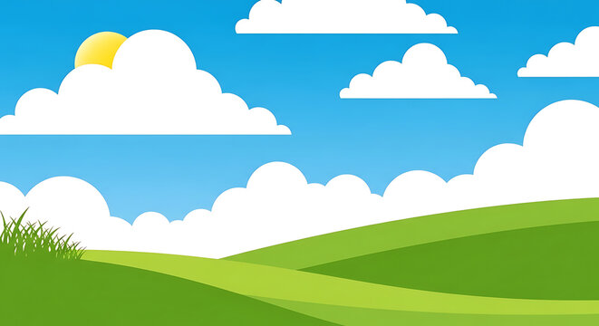 Flat vector illustration of rolling green hills under blue sky with clouds landscape background environmental illustration