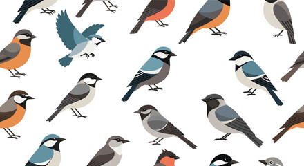 Fototapeta premium Seamless pattern displays various species of small birds in different poses against a clean white background for nature lovers.