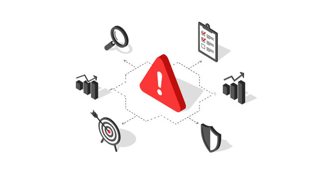 An isometric illustration showing a central warning sign with various business icons