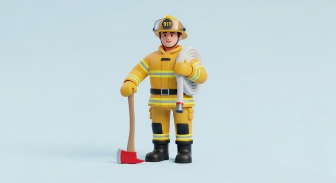 A cartoon firefighter holding a hose and an axe.