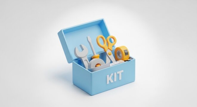 A blue toolbox with various tools inside, including a wrench, screwdriver, scissors, and tape measure. The toolbox is labeled 'KIT' and is placed on a white background.