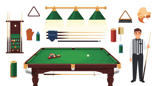 Comprehensive set of billiards equipment including a pool table, cues, balls, chalk, brush, and a referee character.