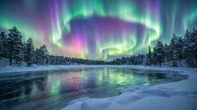 Stunning vibrant aurora borealis dancing over a frozen winter landscape with snow covered trees.