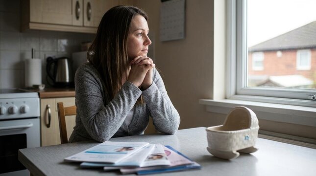 Female reproduction challenge: infertility issue, emotional struggle, hope await, future dream, ponder window, baby cradle, medical brochure, family plan.