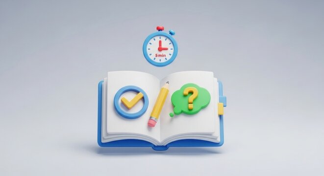 A blue clock with a red second hand and a green minute hand, placed on a white background with a green and yellow speech bubble containing a question mark.
