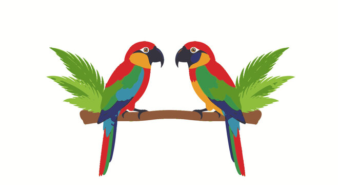 Colorful parrots perched on a branch vector illustration with copy space