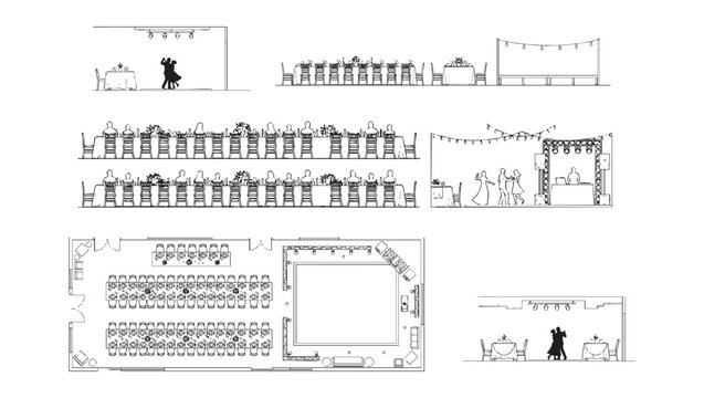 Wedding Banquet Tables and Dance Floor CAD Blocks &ndash; Top and Side View Layout Vectors